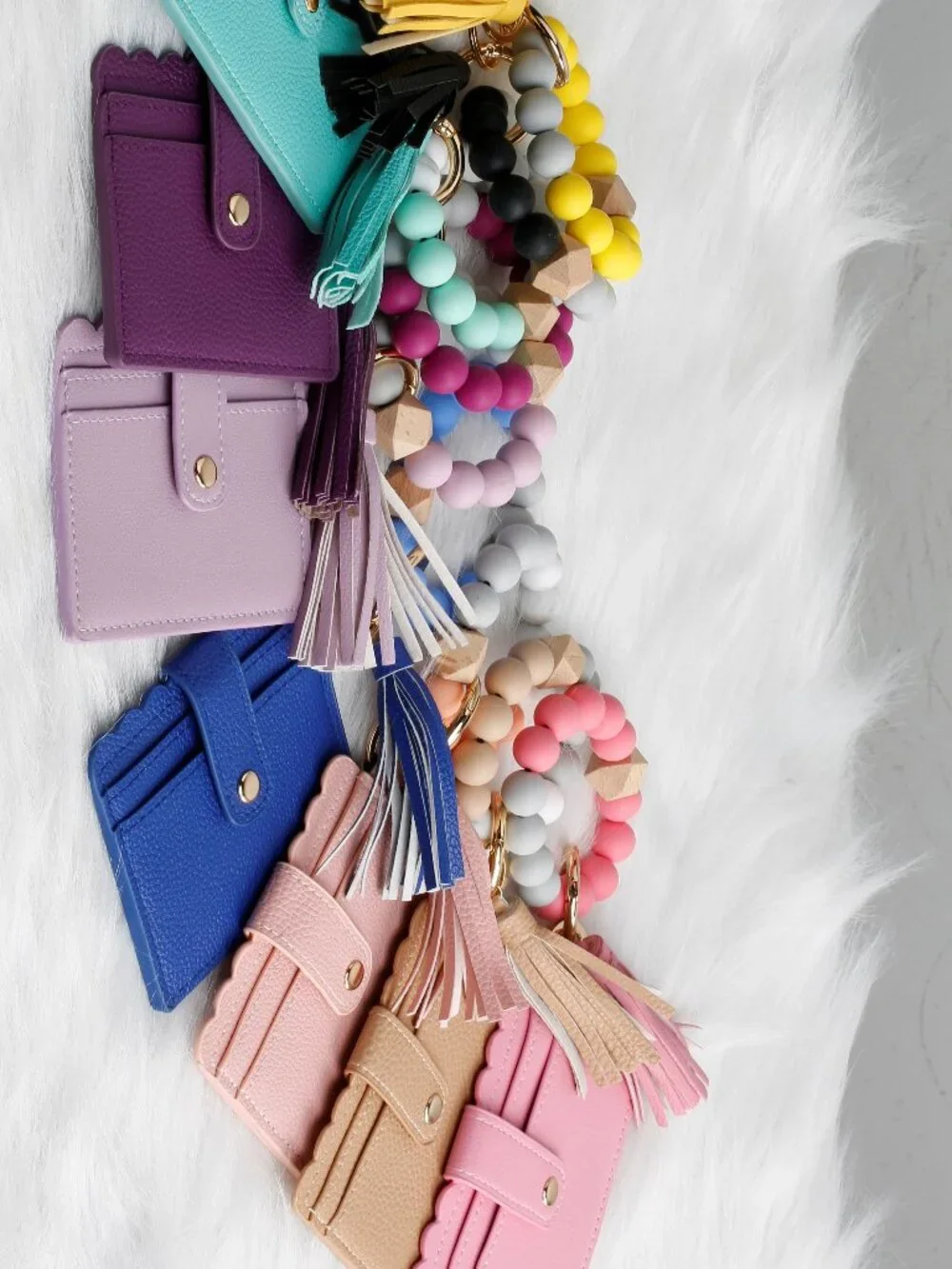 Assorted colored wallets with Beaded Silicon Wristlet Keychains B24